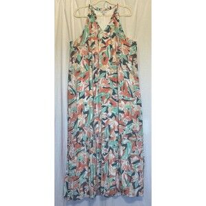 Nine West Size XXL Floral Maxi Dress Halter Ruffle Bottom Fully Lined Coral Teal